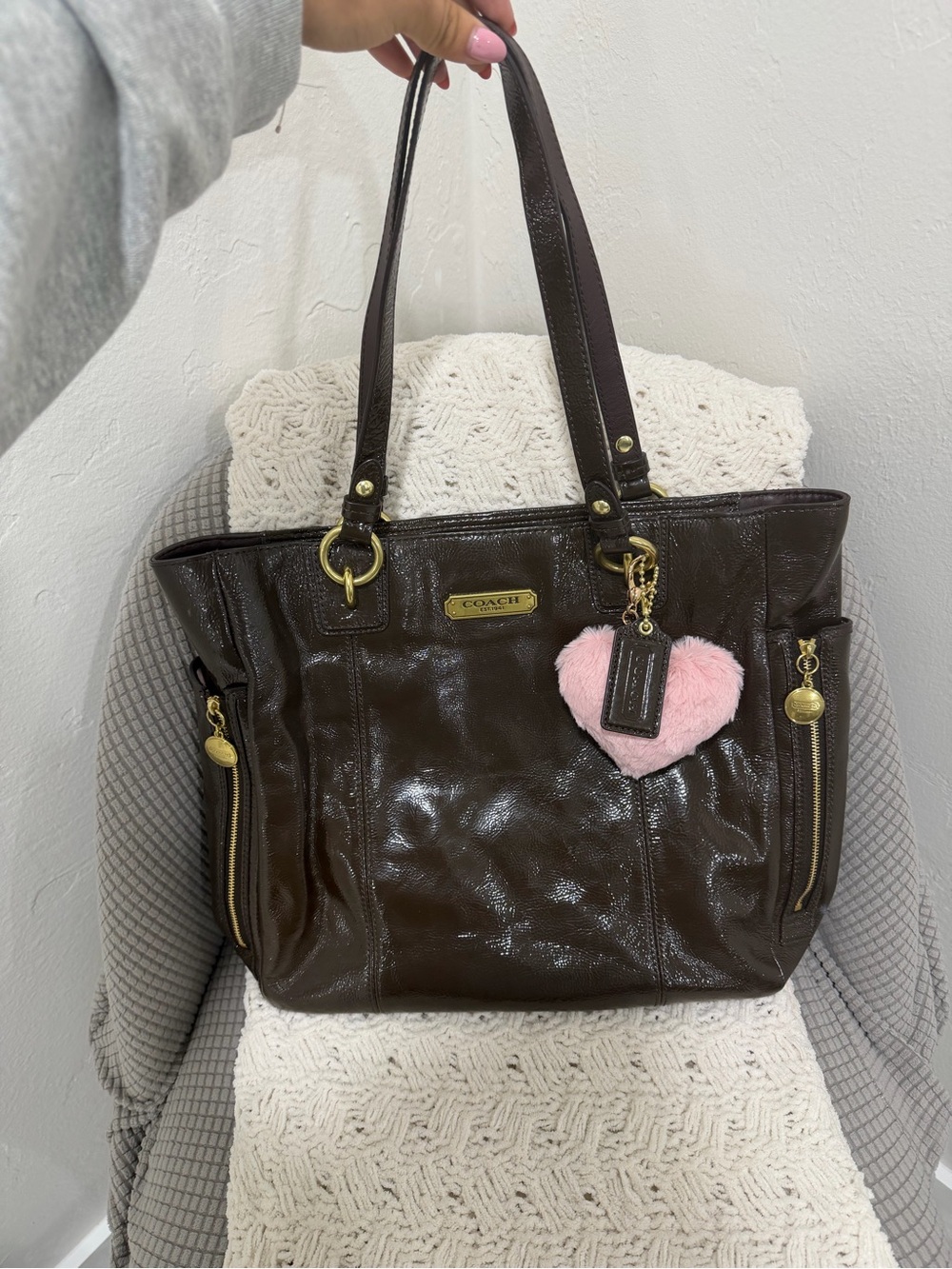 Coach Dark Brown Leather Tote with Pink Heart Charm